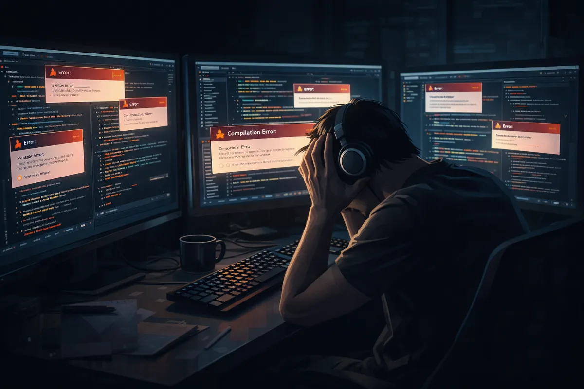 A developer sitting alone at a desk late at night
